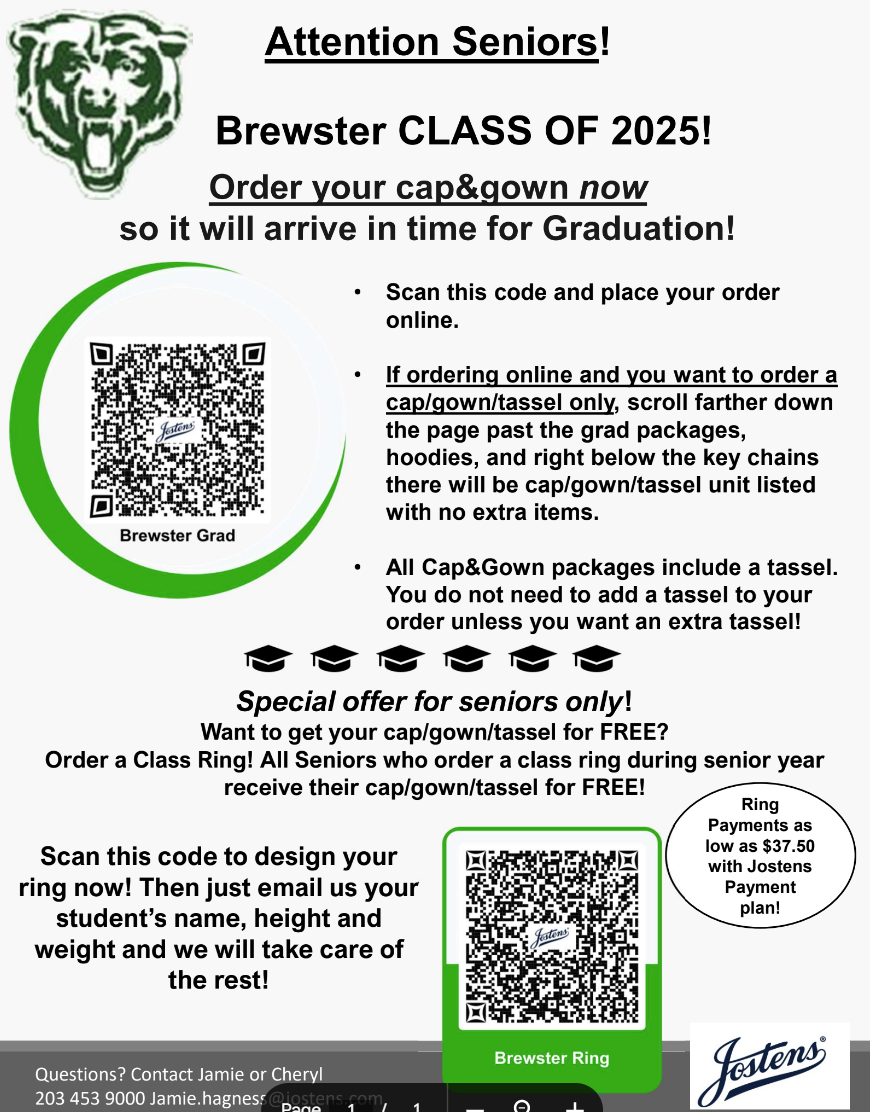 Promotional flyer for Brewster Class of 2025, detailing cap and gown orders and a special class ring offer.